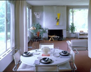 The living and dining room from Walter Gropius' house in Lincoln, MA. Note the curtains which can be pulled close or open depending on which of the two spaces was in use.